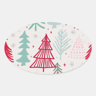 Pegatina Ovalada Árboles de Navidad dibujados a mano Evergreen Pine