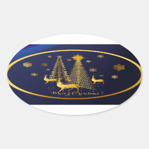 Pegatina Ovalada Árboles de Navidad dorados y renos