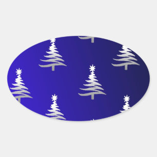 Pegatina Ovalada Árboles de Navidad Plateados sobre Azul Cobalto