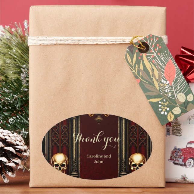 Pegatina Ovalada Arco gótico con calaveras (Vacaciones)