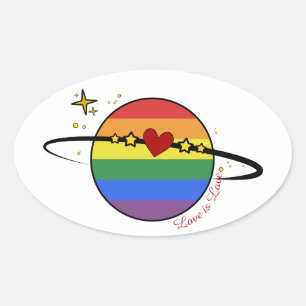 Pegatina Ovalada Arcoíris de Amor es Amor Planeta LGBTQ