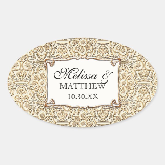 Pegatina Ovalada Art Deco Nouveau Faux Gold Floral Damask Lace (Anverso)