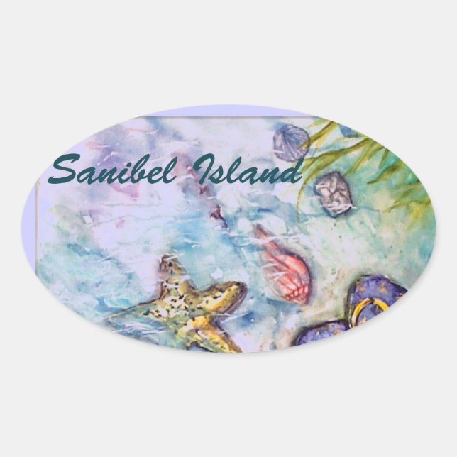 Pegatina Ovalada Arte de acuarela de la isla de Sanibel en Florida (Anverso)