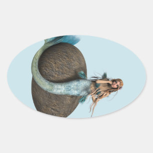 Pegatina Ovalada Arte de Fantasía Subacuática de Sirena Delfín Soña