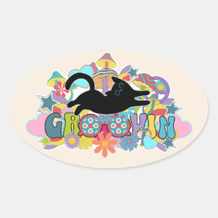 Pegatina Ovalada Arte de Hippie Gato Negro Retro Psicodélico Groovi