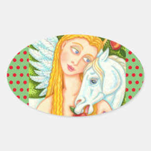 PEGATINA OVALADA ARTE FOLLETO PEGASUS Y EVA EN EL JARDÍN DE EDEN, C
