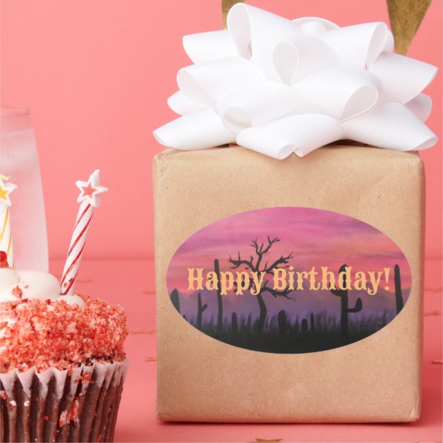 Pegatina Ovalada Arte original de cumpleaños feliz (Catctus)