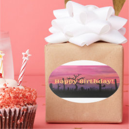 Pegatina Ovalada Arte original de cumpleaños feliz (Catctus)