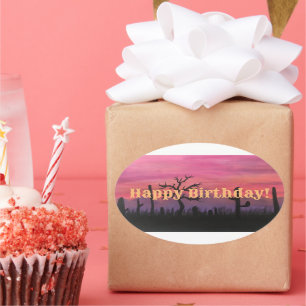 Pegatina Ovalada Arte original de cumpleaños feliz (Catctus)