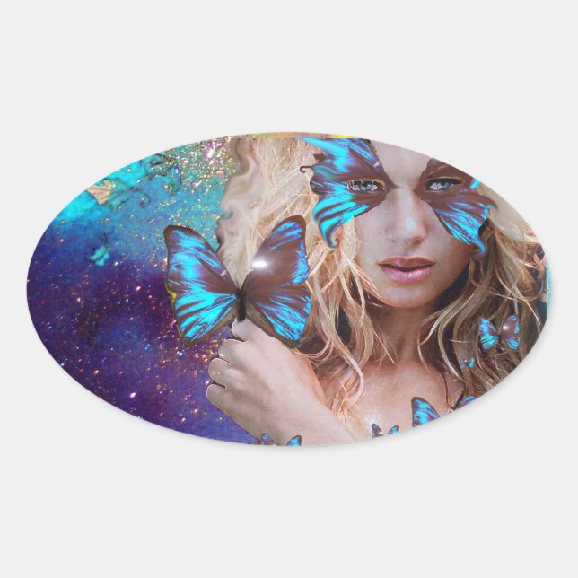 PEGATINA OVALADA ARTISTA DE MAQUILLAJE DE BELLEZA AZUL (Anverso)