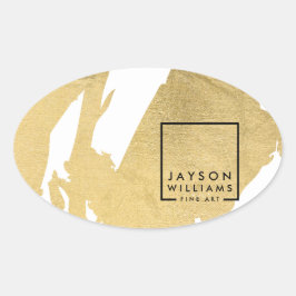 Pegatina Ovalada Artista moderno abstracto pinceladas doradas falsa