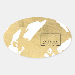 Pegatina Ovalada Artista moderno abstracto pinceladas doradas falsa