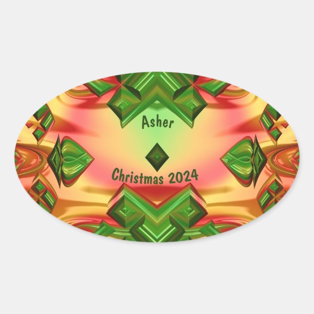 Pegatina Ovalada ASHER ~ NAVIDADES 2024 Fractal Verde Amarillo Rojo (Anverso)