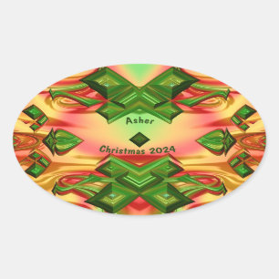 Pegatina Ovalada ASHER ~ NAVIDADES 2024 Fractal Verde Amarillo Rojo