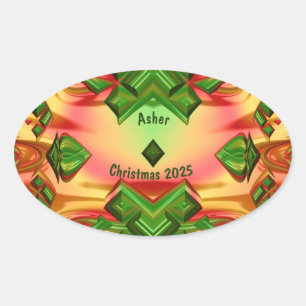 Pegatina Ovalada ASHER ~ NAVIDADES 2025 Fractal Verde Amarillo Rojo