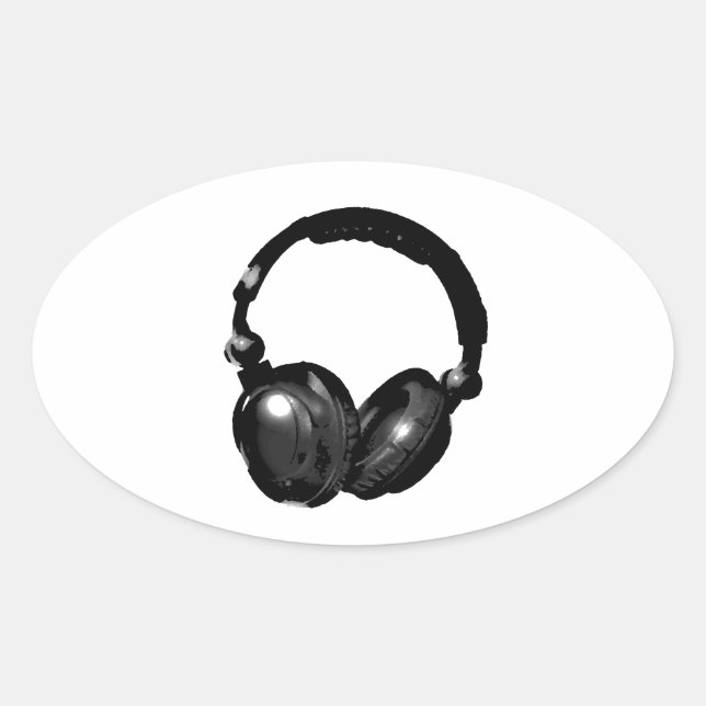 Pegatina Ovalada Auriculares de arte pop blanco y negro (Anverso)