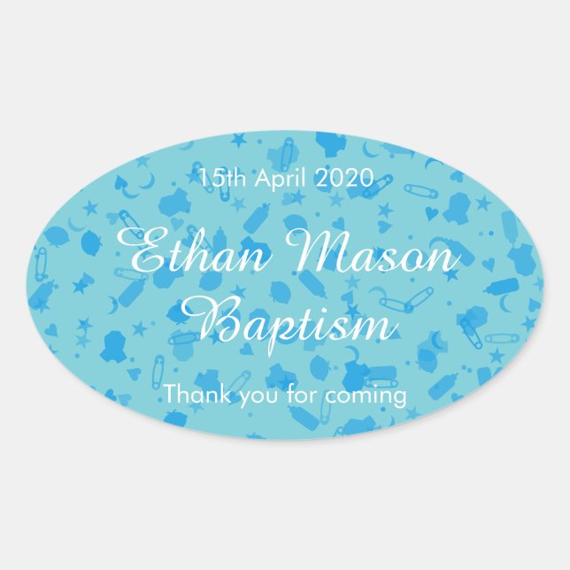 Pegatina Ovalada Baby Blue Confetti Baptism Christening Favor (Anverso)