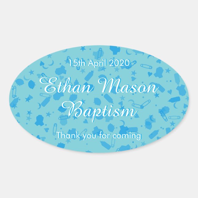 Pegatina Ovalada Baby Blue Confetti Baptism Christening Favor (Anverso)
