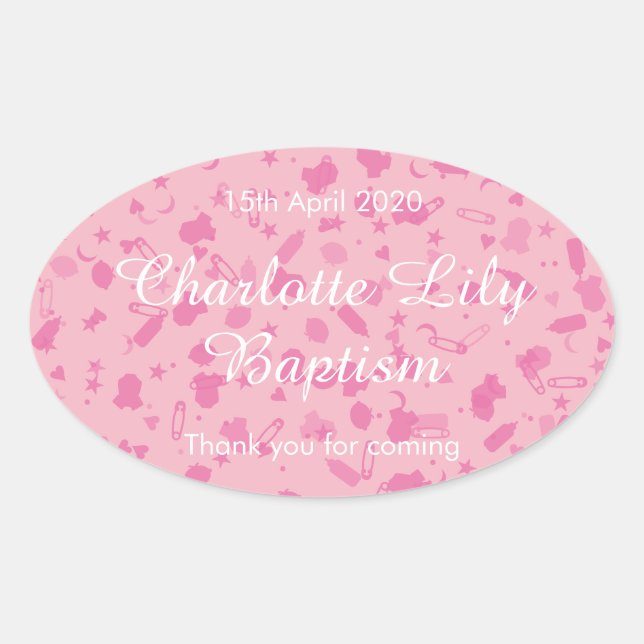 Pegatina Ovalada Baby Pink Confetti Baptism Christening Favor (Anverso)