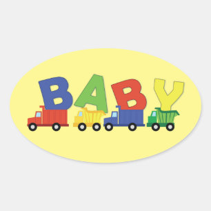 Pegatina Ovalada Baby Shower de camiones