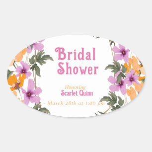 Pegatina Ovalada Baby shower de flores silvestres rosadas modernas 