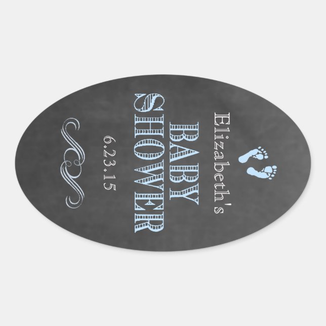 Pegatina Ovalada Baby Shower Footprints Guest Favor Blue (Anverso)