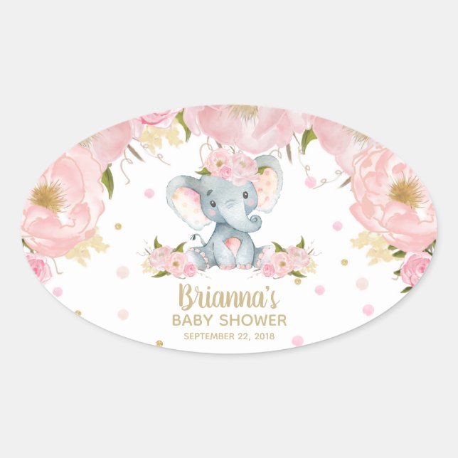 Pegatina Ovalada Baby Shower rosa floral cute elefante (Anverso)