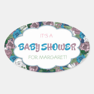 Pegatina Ovalada Baby Shower rosa y azul