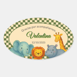 Pegatina Ovalada Baby Shower Safari Editable Gratitud Elefante León