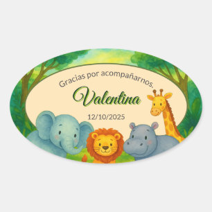 Pegatina Ovalada Baby Shower Safari Editable Gratitud Fondo Selva