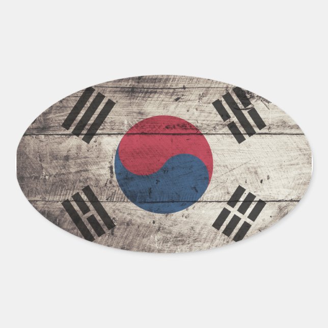 Pegatina Ovalada Bandera de Corea del Sur de madera antigua (Anverso)