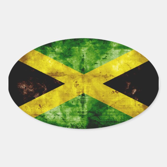 Pegatina Ovalada Bandera de Jamaica con el tiempo (Anverso)