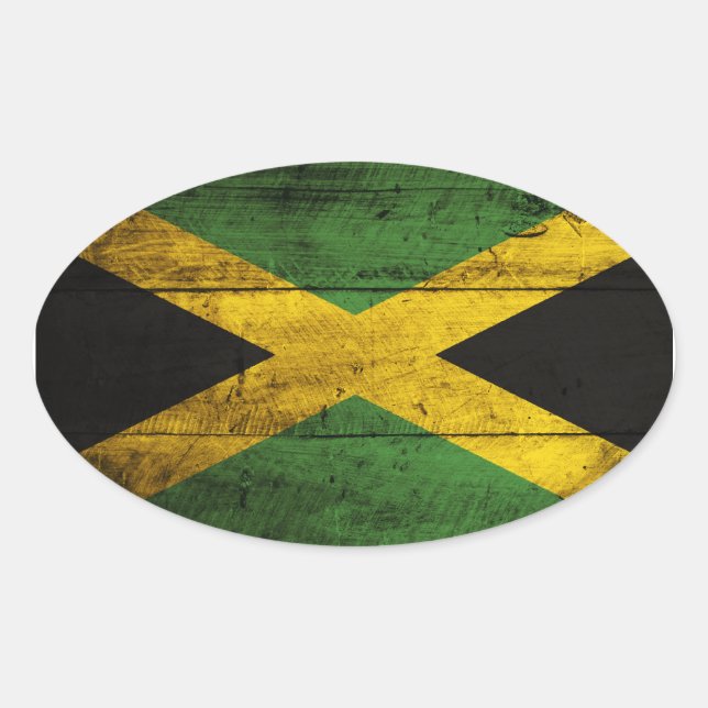 Pegatina Ovalada Bandera de Jamaica de madera antigua (Anverso)