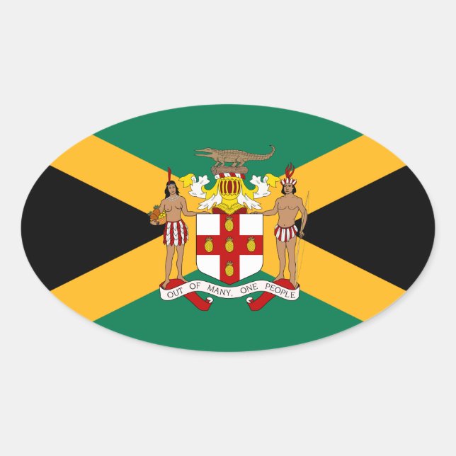 Pegatina Ovalada Bandera de Jamaica/ Escudo de armas (Anverso)