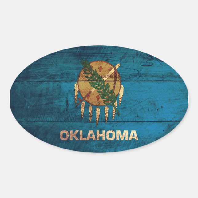 Pegatina Ovalada Bandera de Oklahoma de madera antigua; (Anverso)