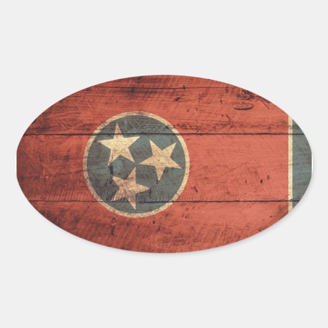 Pegatina Ovalada Bandera de Tennessee de Madera Vieja; (Anverso)