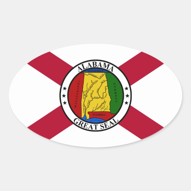 Pegatina Ovalada Bandera estatal de Alabama/Sello estatal superpues (Anverso)