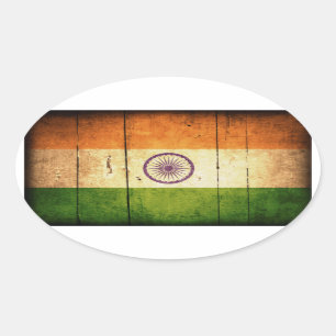 Pegatina Ovalada Bandera india de madera
