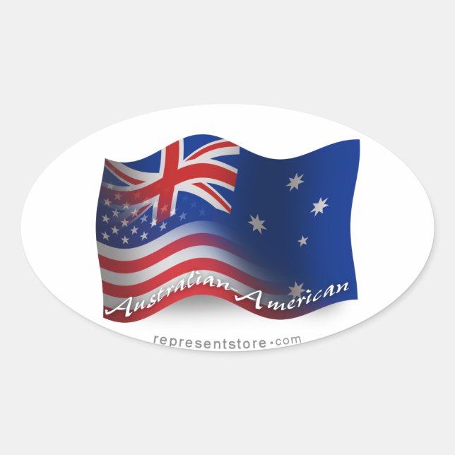 Pegatina Ovalada Bandera ondulante australiana-americana (Anverso)