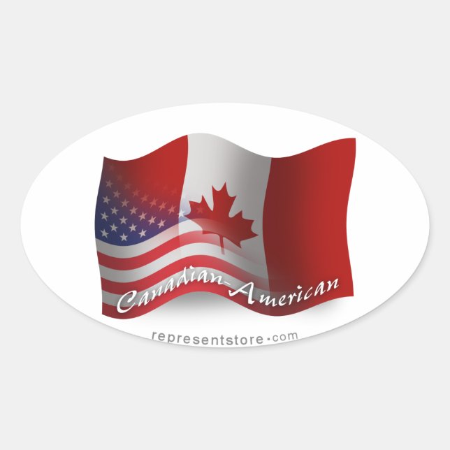 Pegatina Ovalada Bandera ondulante canadiense-americana (Anverso)