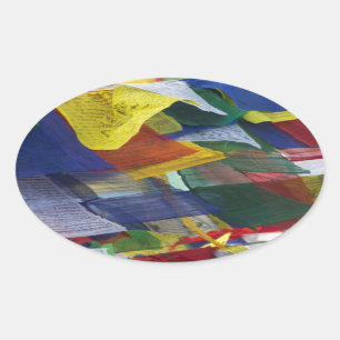 Pegatina Ovalada Banderas tibetanas del rezo en Boudhanath Stupa