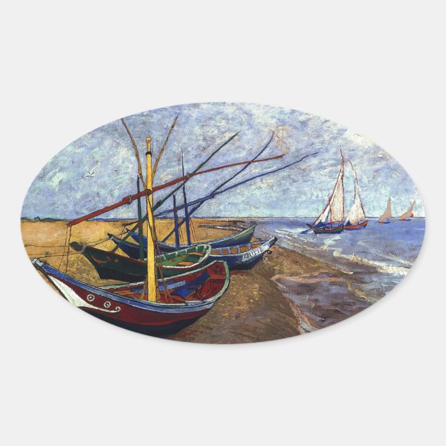 Pegatina Ovalada Barcos de pesca en la playa (Anverso)