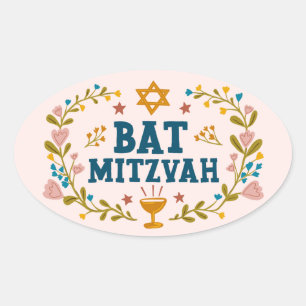 Pegatina Ovalada BAT MITZVAH Personalizable judío floral dibujado a