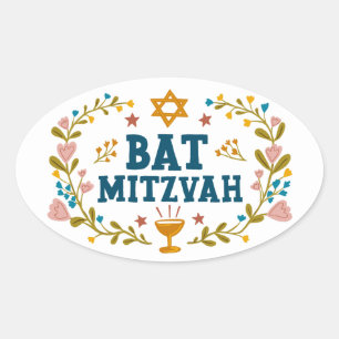 Pegatina Ovalada BAT MITZVAH Personalizable judío floral dibujado a