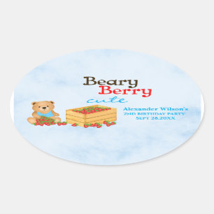Pegatina Ovalada Beary Berry Cute Cub Fiesta de Cumpleaños de Fresa