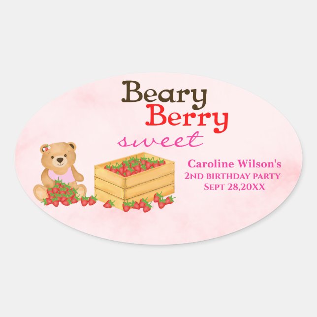 Pegatina Ovalada Beary Berry Sweet Pink Strawberry Birthday Party (Anverso)