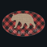Pegatina Ovalada Beary Merry Christmas Plage Burlap Bear<br><div class="desc">Un pegatina con un ilustracion de silueta de oso burlap. El texto debajo dice,  "BEARY MERRY CHRISTMAS" El fondo es rojo y negro lumberjack chapa de búfala plaid.</div>