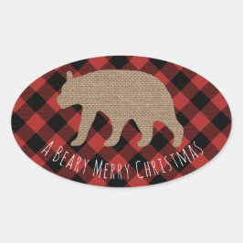 Pegatina Ovalada Beary Merry Christmas Plage Burlap Bear