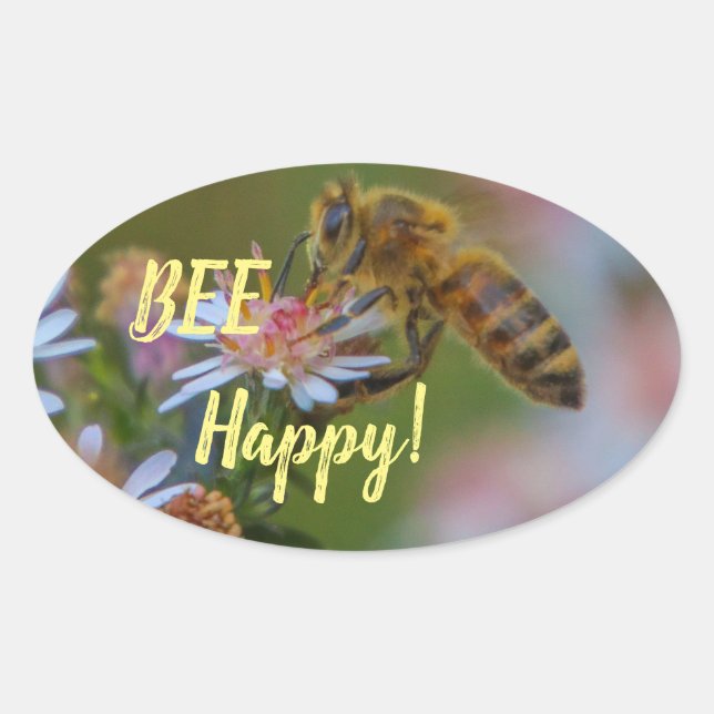 Pegatina Ovalada ¡Bee Happy! (Anverso)
