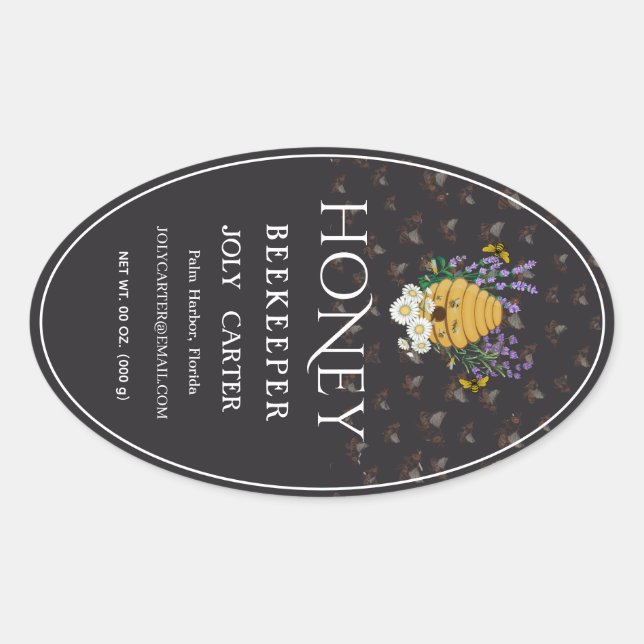 Pegatina Ovalada Beekeeping Honey Labels | Honeybee & Honeycomb Des (Anverso)